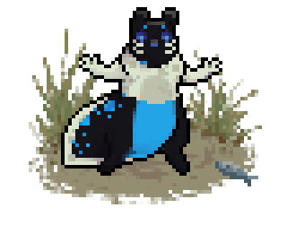 Pixel art of a fat black slugcat. Its lower back is covered in blue spots, but its top half is white with pale grey spots. Its face is also black, except for two white lines across its cheeks and two blue dot eyebrows. Its tail has a single white stripe down its middle. The top half of its stomach is a pale grey, while the bottom half is blue, following the white and black split of colour along its body.